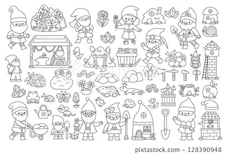 Vector black and white dwarf clipart set. Cute gnome line icons collection. Fairytale character illustrations, coloring page. Magic creature pack with garden, mining, blacksmith elves 128390948