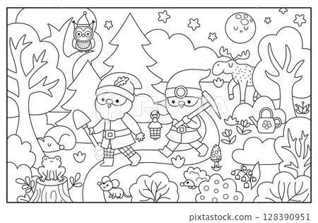 Vector black and white horizontal scene with dwarfs going through night forest with shovel and lantern. Cute gnome country line landscape. Woodland, fantasy forest background, coloring page 128390951