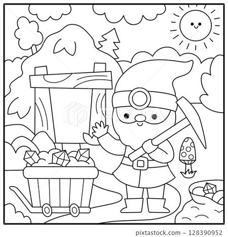 Vector black and white square scene with dwarf with pickaxe, mine pit cave, wagon with treasure. Line landscape with gnome miner. Woodland, fantasy forest background, coloring page 128390952