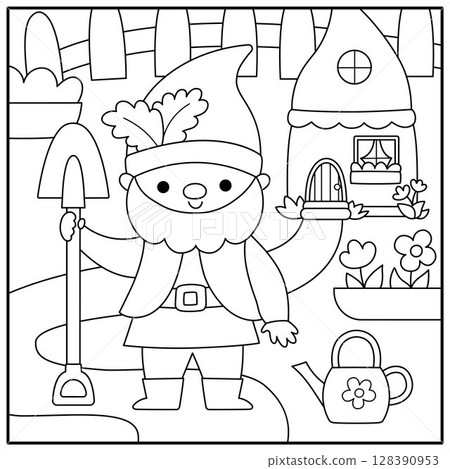 Vector black and white square scene with garden dwarf, shovel, watering can, flower bed, house. Line landscape with gnome gardener. Woodland, fantasy forest background, coloring page 128390953