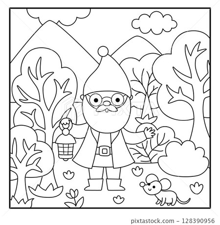 Vector black and white square scene with old dwarf with lantern standing among trees. Line landscape with gnome miner, worker, lumberjack. Woodland, fantasy forest background, coloring page Vector black and white square scene with old dwarf with lantern standing among trees. Line landscape with gnome miner, worker, lumberjack. Woodland, fantasy forest background, coloring page 128390956