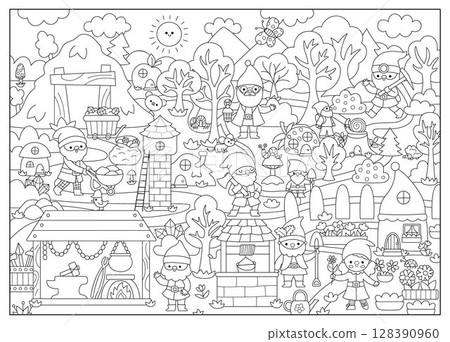 Vector black and white dwarf land background. Line gnome country landscape. Woodland, fantasy forest scene, coloring page with tree, house, animal. Fairytale world illustration Vector black and white dwarf land background. Line gnome country landscape. Woodland, fantasy forest scene, coloring page with tree, house, animal. Fairytale world illustration 128390960