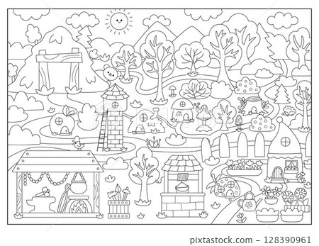 Vector black and white empty dwarf land background. Cute gnome country line landscape. Woodland, forest scene with tree, house, animal. Fairytale coloring page with mine pit, forge, garden Vector black and white empty dwarf land background. Cute gnome country line landscape. Woodland, forest scene with tree, house, animal. Fairytale coloring page with mine pit, forge, garden 128390961