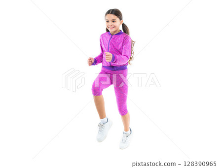positive teen sport girl run isolated on white. teen sport girl run in studio. teen sport girl run 128390965