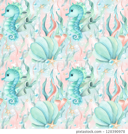 Children's characters sea style seamless pattern with seahorse, seaweed, seashell, stars and bubbles. Watercolor illustration isolated on soft pink turquoise spot. Kids design for textile, packaging Children's characters sea style seamless pattern with seahorse, seaweed, seashell, stars and bubbles. Watercolor illustration isolated on soft pink turquoise spot. Kids design for textile, packaging 128390978