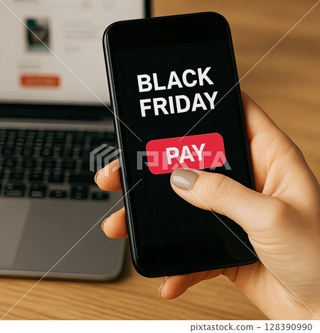Woman hand using tablet with black Friday sale on screen device background for mock up, template, technology and lifestyle concept 128390990