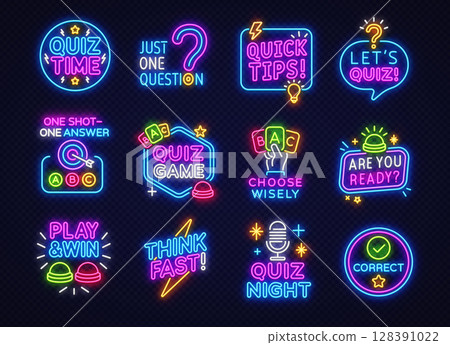 Bright neon collection of 12 glowing quiz signs: buttons, questions, thinking, trivia night and winning ideas. Perfect for games, fun shows or playful interfaces. 128391022