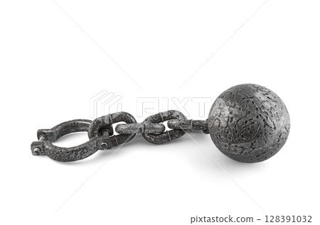 Old heavy iron ball with chain and shackle on white background with clipping path 128391032