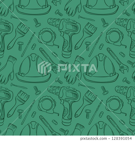 Seamless pattern of construction tool in line art style with drill, helmet, gloves, wrench, Tape Measure and paint brush for building shop packaging, repair design. 128391054