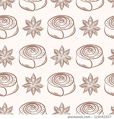 Cinnamon roll pastry with star anise seamless pattern in line art style. Perfect for bakery packaging, food design, breakfast menu and sweet pastry cafe. 128391057