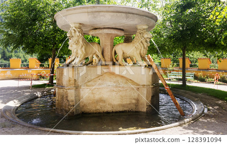 Hohenschwangau Castle in Schwangau, Bavaria, June 14, 2025.Germany. Fountain with lions Hohenschwangau Castle in Schwangau, Bavaria, June 14, 2025.Germany. Fountain with lions 128391094