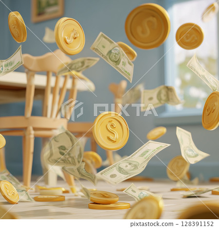 Crisp dollar bills and golden coins cascading onto wooden floor, symbolizing financial prosperity and economic success 128391152