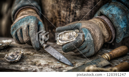 Fishmonger wearing gloves opening fresh oyster with knife on rustic wooden table, showcasing the process of preparing seafood Fishmonger wearing gloves opening fresh oyster with knife on rustic wooden table, showcasing the process of preparing seafood 128391247