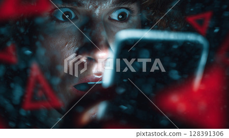 Shocked person holding a smartphone and looking at shocking news on social media, surrounded by red warning signs 128391306