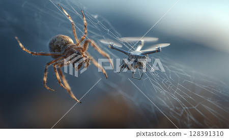Spider crawling near trapped miniature drone, silky web displaying predatory encounter against muted, blurred natural backdrop 128391310
