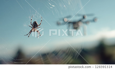 Spider trapping small drone in intricate web, sunlight highlighting delicate silk threads against blurred colorful backdrop 128391314