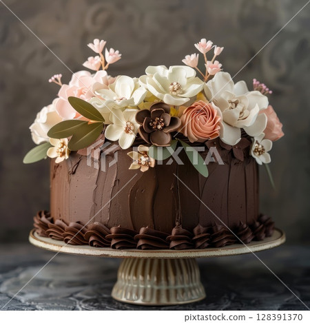 A beautifully crafted chocolate cake features delicate floral embellishments in gentle green and pink tones, ideal for a festive gathering. The design exudes elegance and charm. 128391370