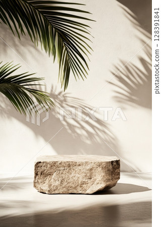 Natural Stone Table Framed by Palm Leaves Creating a Calming Atmosphere in a Serene Setting Natural Stone Table Framed by Palm Leaves Creating a Calming Atmosphere in a Serene Setting 128391841