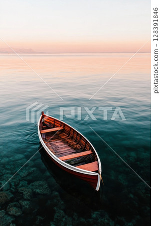 Serene Wooden Boat Floating on Calm Water During Sunset Near Rocky Shore Serene Wooden Boat Floating on Calm Water During Sunset Near Rocky Shore 128391846