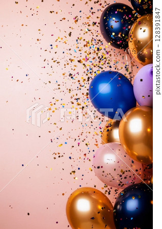 Colorful Balloons and Confetti Create a Festive Atmosphere for a Celebration. 128391847