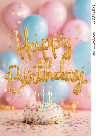Festive Birthday Celebration With Cake and Colorful Balloons in Cheerful Setting 128391851