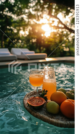 Refreshing Drinks Served by Exotic Fruits Near a Poolside at Sunset in a Tropical Paradise. 128391913