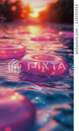Colorful Inflatable Rings Float on Water at Sunset Reflecting Vibrant Hues 128391914