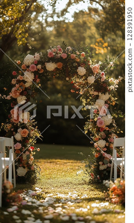 Romantic Floral Archway at a Sunlit Outdoor Wedding Venue Surrounded by Lush Greenery and Vibrant Blooms. 128391950