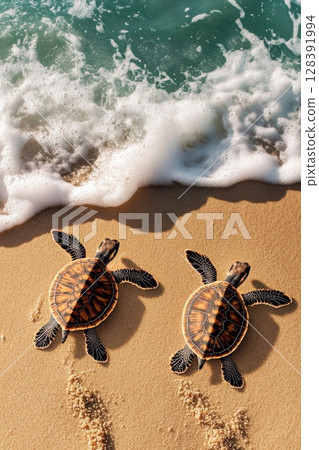 Turtle Hatchlings Making Their Way to the Ocean on a Sandy Beach at Sunrise. 128391994