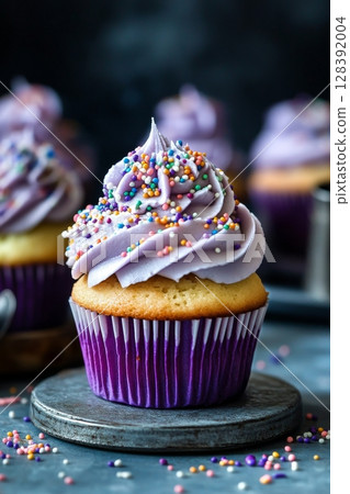 Delicious Purple Frosted Cupcakes Topped With Colorful Sprinkles on a Dark Countertop Setting. 128392004
