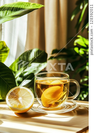 Refreshing Lemon Tea Served in a Glass Cup Surrounded by Green Plants in a Sunny Indoor Setting 128392011