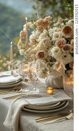 Elegant Outdoor Dining Setup With Floral Centerpiece and Candlelight at Sunset 128392015