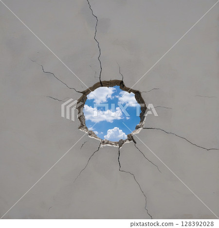 Blue sky seen through a hole in the wall 128392028