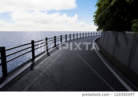 設有護欄的海邊公路,陽光照射在波光粼粼的海面上 設有護欄的海邊公路,陽光照射在波光粼粼的海面上 128392047