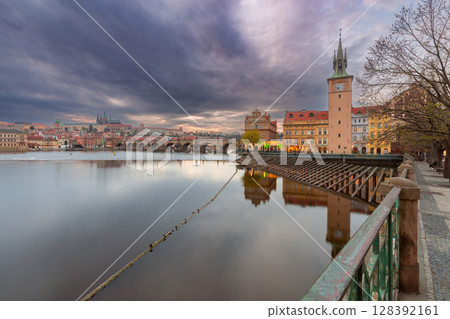 Charles Bridge and Old Water Tower in Prague, Czech Republic 128392161