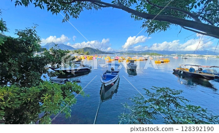 Shipping, recreational boats on bay, natural background with trees, clouds, blue sky and mountains 128392190