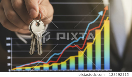 Hand holding keys in front of a growing financial graph. Real estate investment, market growth, and property success. 128392315