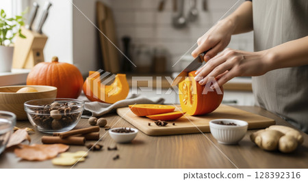Hands slicing a fresh pumpkin on a wooden board amidst autumn spices. Fall cooking and seasonal ingredients. 128392316