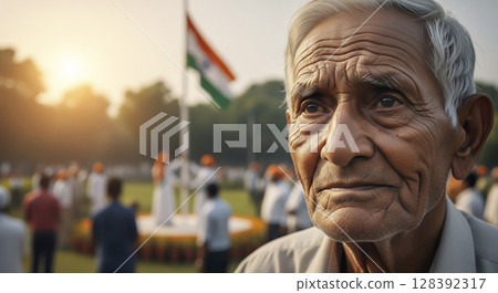 Proud elderly man watches India's flag raising.Independence Day.  128392317