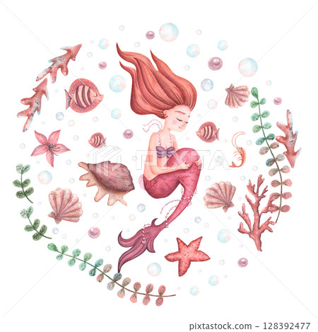 Watercolor mermaid with cute fishes in magenta, ready print. Illustration of children linen or kids textiles. Drawing for nursery wall. 128392477