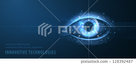Human eye on blue background. Ophthalmology concept, eye technology, digital vision. Human eye on blue background. Ophthalmology concept, eye technology, digital vision. 128392487