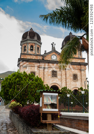 Our Lady of the Immaculate Conception Church and the beautiful colonial town of Concepcion in Antioquia, Colombia. 128392498