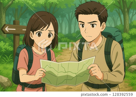 一對焦慮的登山者正在檢查他們的路線 一對焦慮的登山者正在檢查他們的路線 128392559