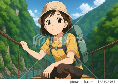 一位登山女孩在吊橋上休息 128392561