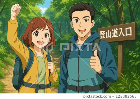 兩位登山者在登山口積蓄能量 128392563