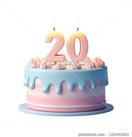 3d birthday cake with candles in 20 numbers, celebration dessert with frosting isolated on transparent background 128392603