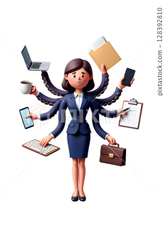 3d stylized businesswoman with multiple arms managing tasks, multitasking professional juggling work items isolated 128392810