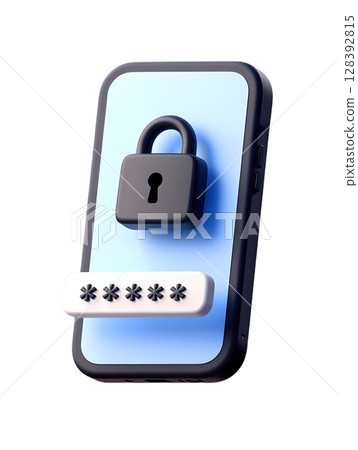 Smartphone with password lock icon, 3d secure access concept for privacy protection isolated on transparent background Smartphone with password lock icon, 3d secure access concept for privacy protection isolated on transparent background 128392815