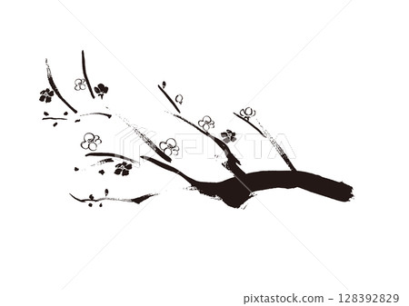 Japanese-style hand-drawn illustration of plum blossoms, monochrome ink painting 128392829