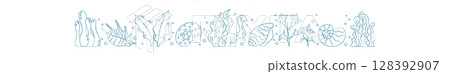 Aquatic plant doodle border. Underwater coral life design. Sea texture with many marine creatures, flat style for summer projects. Perfect for an aquarium or underwater themed header. 128392907